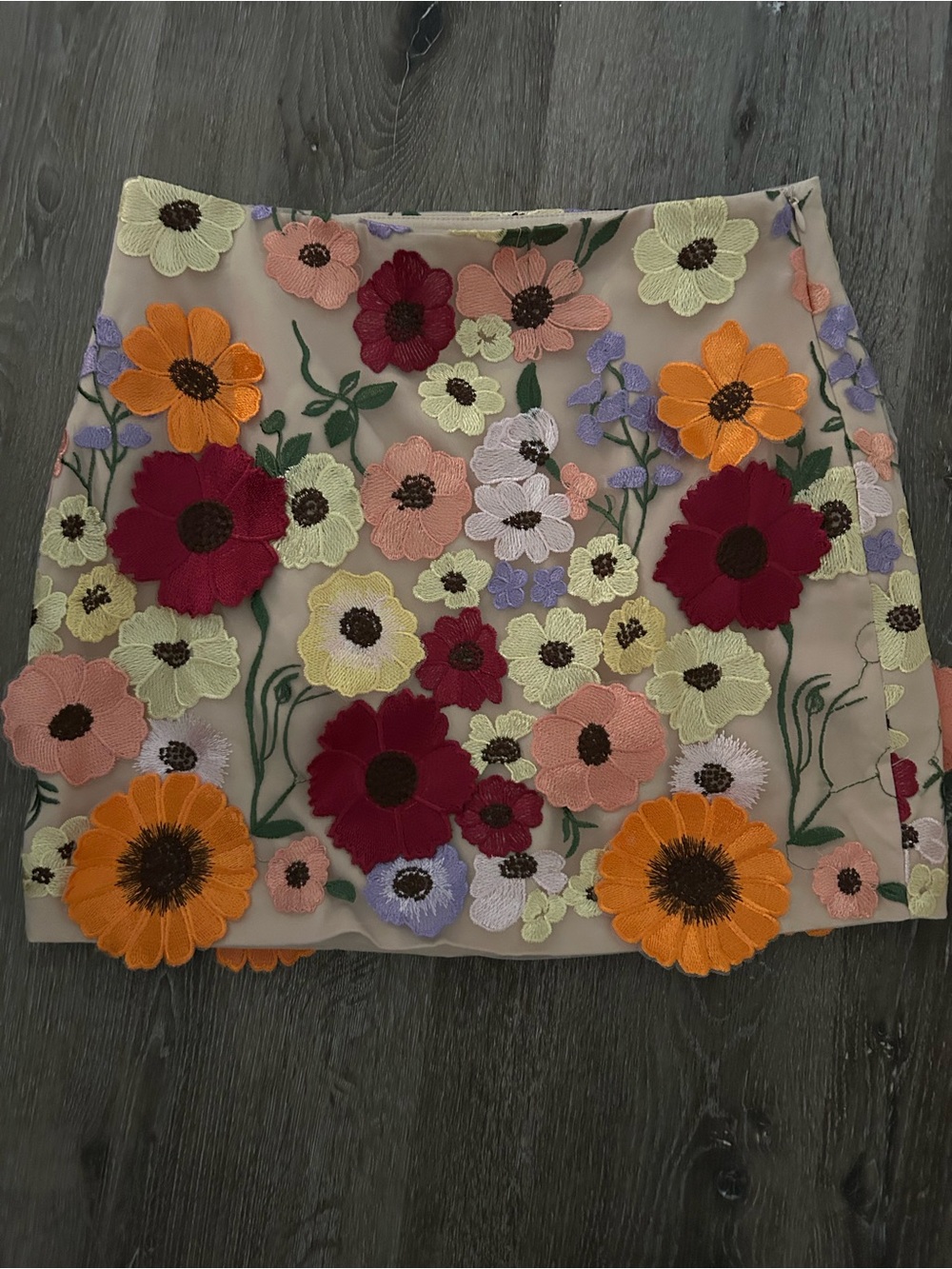 Endless Rose Beige Mini Skirt with Multicolor Floral Appliqué